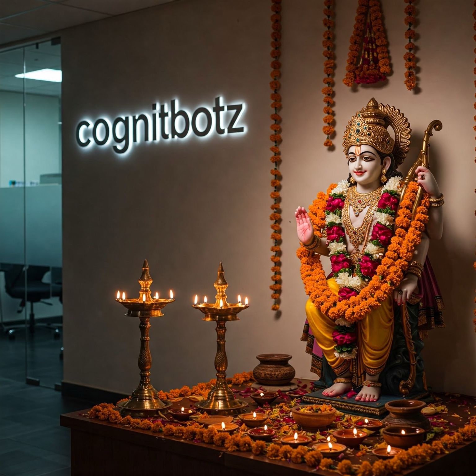 Company Culture at CognitBotz: A diverse team collaborating in a modern office environment, with digital interfaces and abstract representations of data and connectivity.